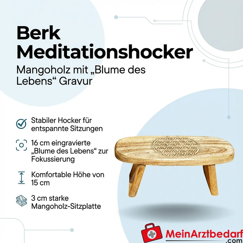 Berk Meditationshocker Mangoholz 15 cm Höhe 40×18 cm Blume des Lebens 3 cm Sitzplatte
