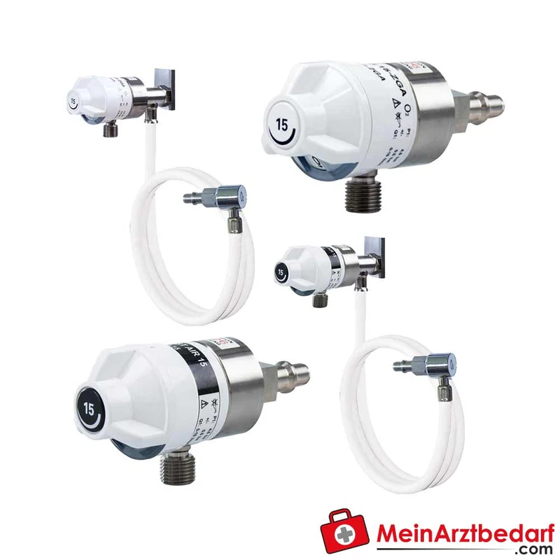 AEROway Fast ZGA Flowregler DIN EN ISO 15002, vernickeltes Messing, UNF 9/16, stufenweise, optional 1,5 m Druckschlauch