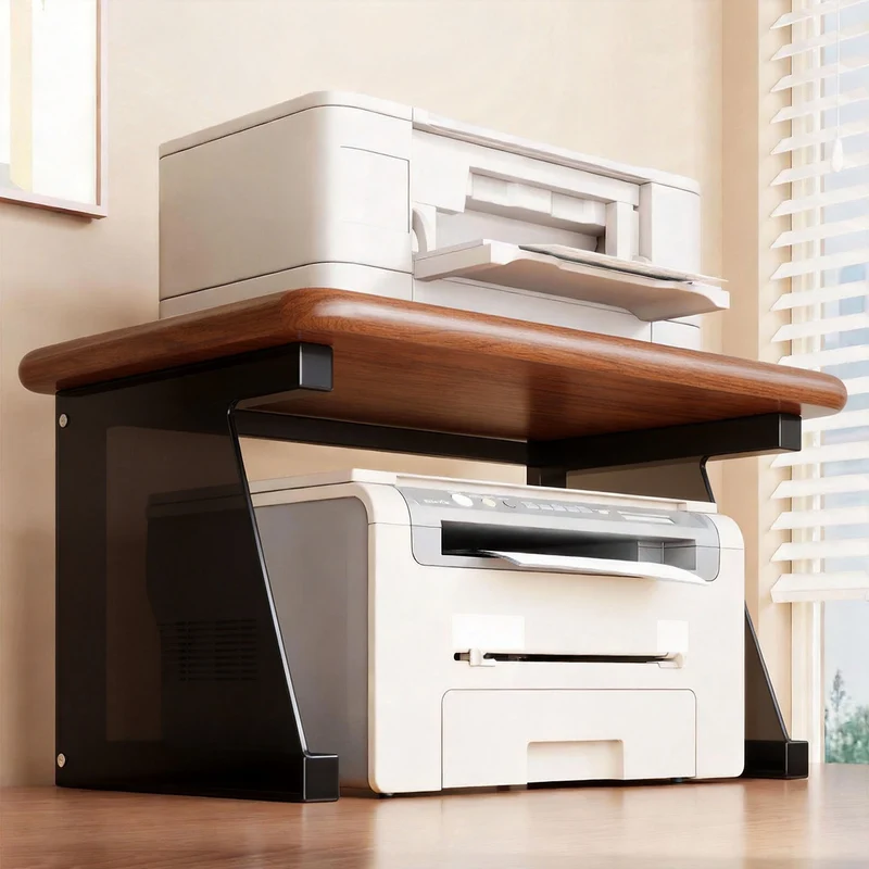 Desktop-Drucker- und Monitorständer mit erhöhtem Regalfach in Holzoptik und Metallrahmen