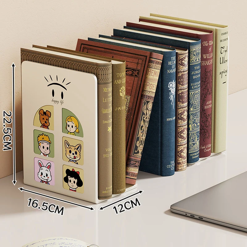 Niedlicher Cartoon Desktop Metall Buchstütze mit rutschfester Basis und dekorativem Panel