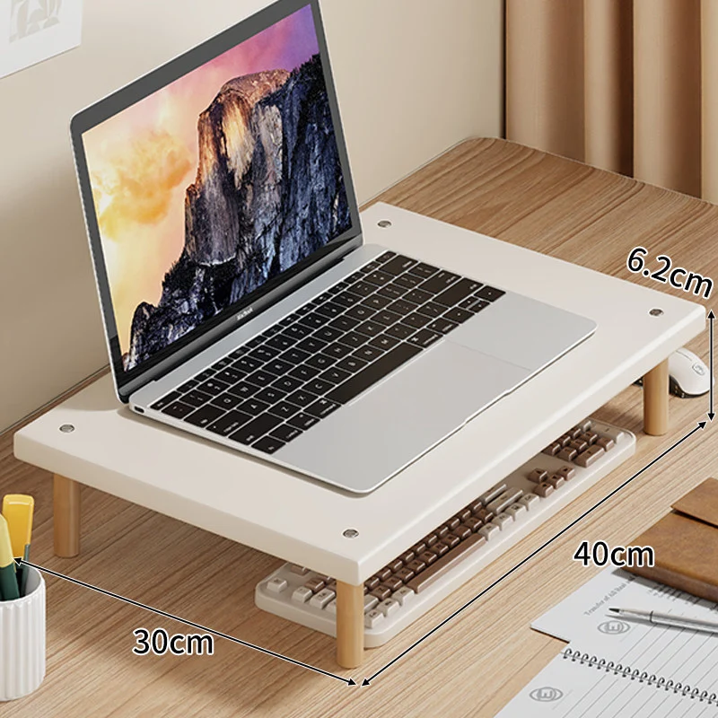 Kompakte Desktop-Laptop- und Monitorerhöhung mit Untertischstauraum und Holzbeinen