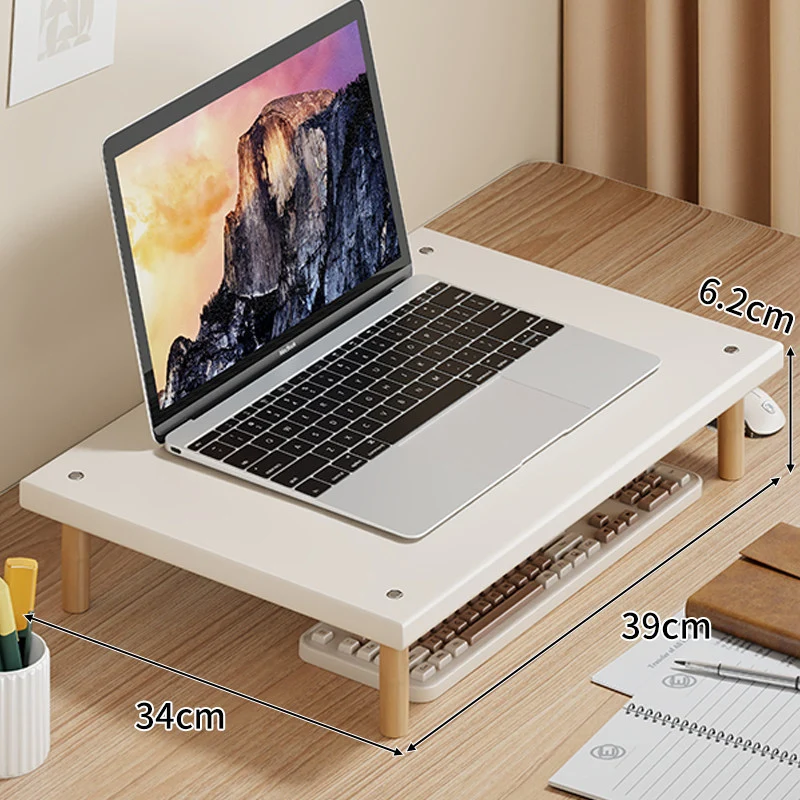 Kompakte Desktop-Laptop- und Monitorerhöhung mit Untertischstauraum und Holzbeinen