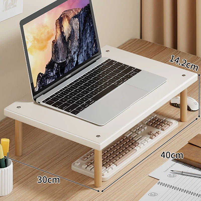 Kompakte Desktop-Laptop- und Monitorerhöhung mit Untertischstauraum und Holzbeinen