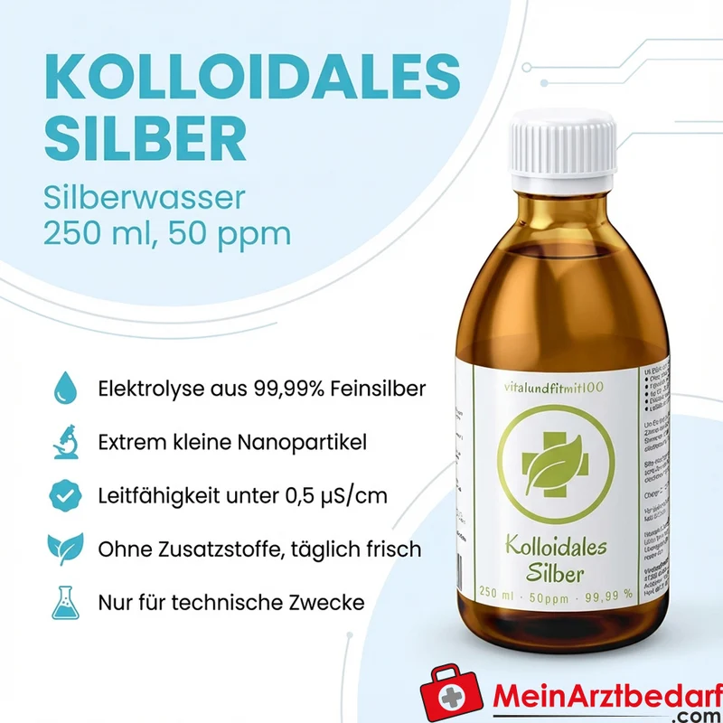 Kolloidales Silber 50 ppm Silberwasser 250 ml, Elektrolyse aus 99,99% Feinsilber