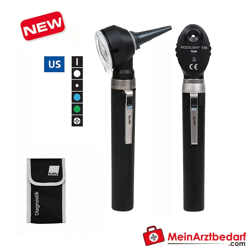 KaWe PICCOLIGHT Otoskop-Ophthalmoskop-Set LED 2,5 V, Otoskop 3‑fach Lupe, Dioptrien +20 bis -20, 2 Batteriegriffe