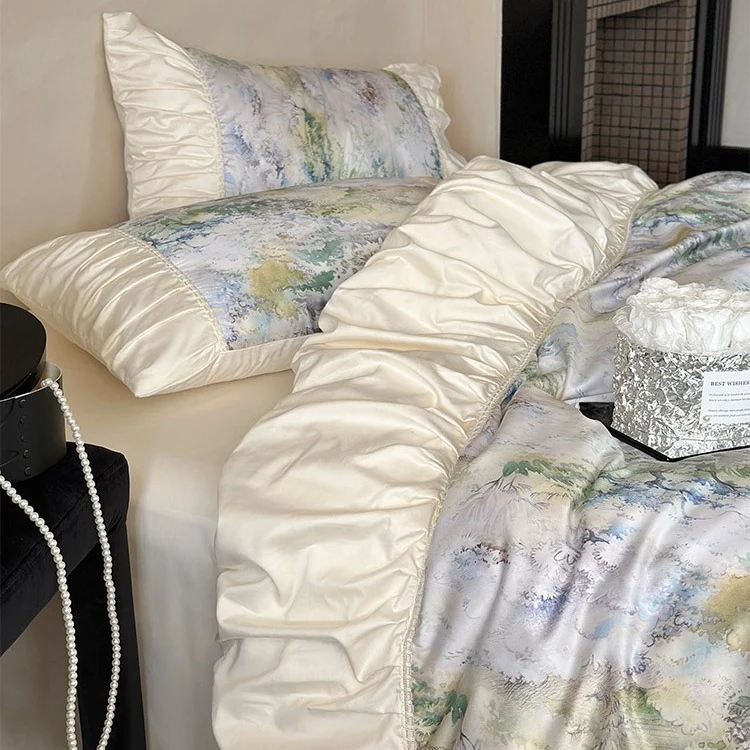 Luxuriöses Satin-Bettwäsche-Set mit Rüschen und Aquarellblumenmuster