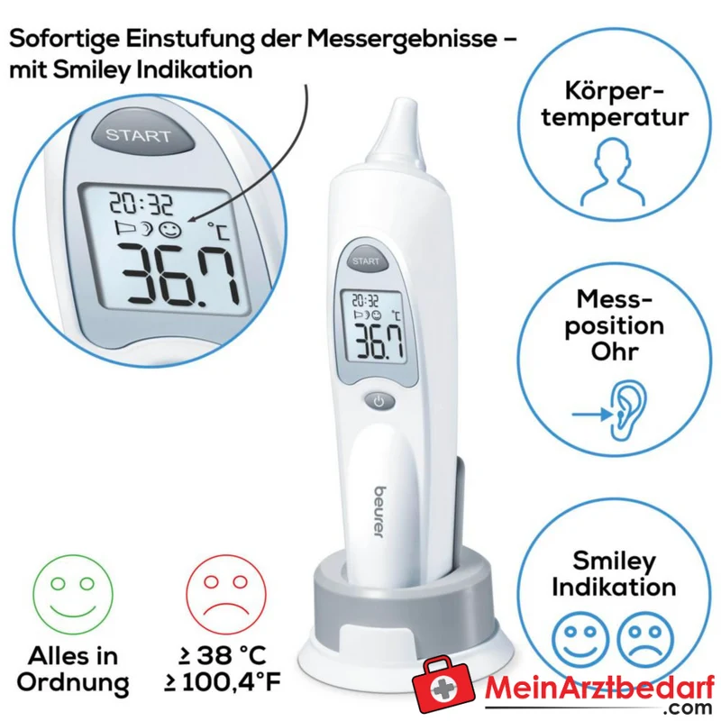 Beurer FT 58 Infrarot-Ohrthermometer Fieberalarm Smiley-Anzeige 10 Speicherplätze wechselbare Schutzkappen