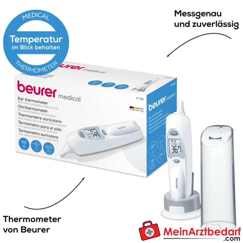 Beurer FT 58 Infrarot-Ohrthermometer Fieberalarm Smiley-Anzeige 10 Speicherplätze wechselbare Schutzkappen
