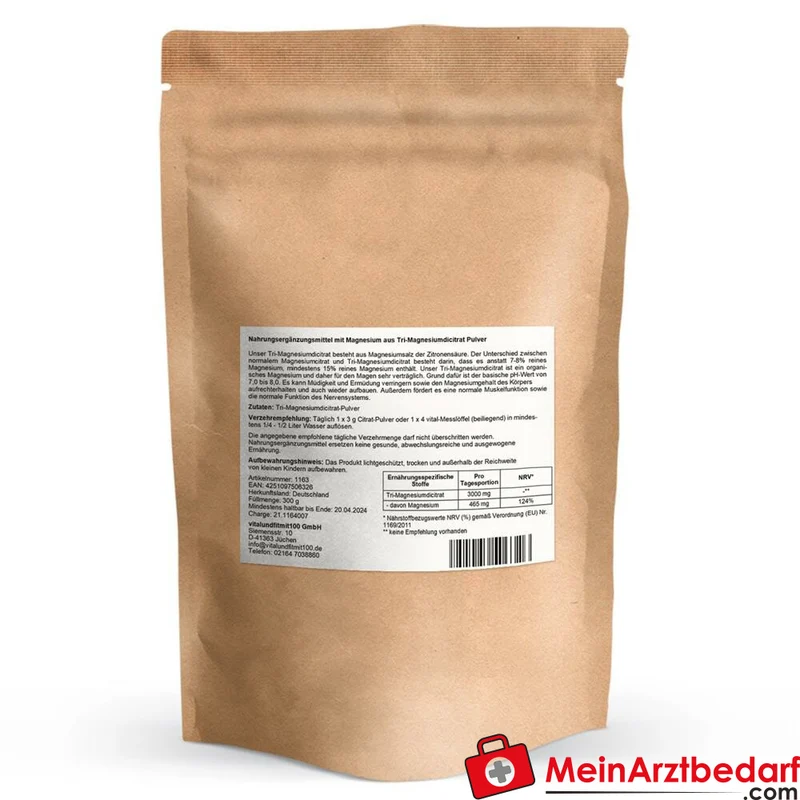 Tri-Magnesiumdicitrat Pulver 300 g (min. 15% Magnesium) vegan