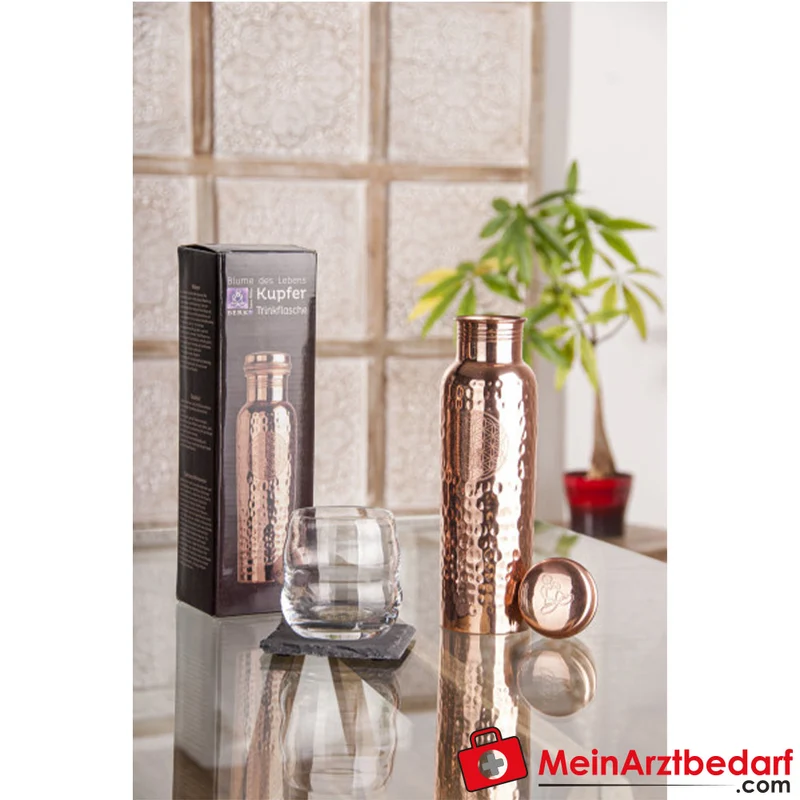 Berk Kupferflasche 650 ml, handgehämmert, Blume des Lebens, LFGB-zertifiziert