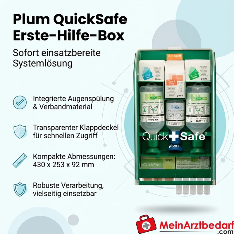 Plum QuickSafe Erste‑Hilfe-Box komplett 430 x 253 x 92 mm mit Augenspülung & Verbandsmaterial