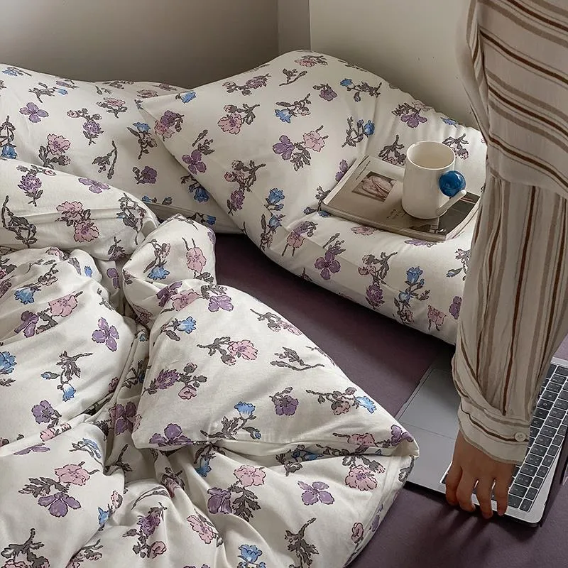 Baumwoll-Perkal Bettbezug‑ und Kissenbezug‑Garnitur mit feinem Aquarell‑Blumenprint und hotelverschluss