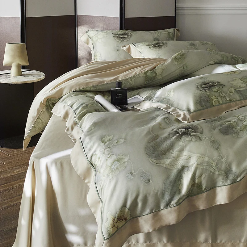 Premium-Baumwollsatin-Duvetbezug-Set mit Aquarellblumenmuster und seidig-mattem Griff
