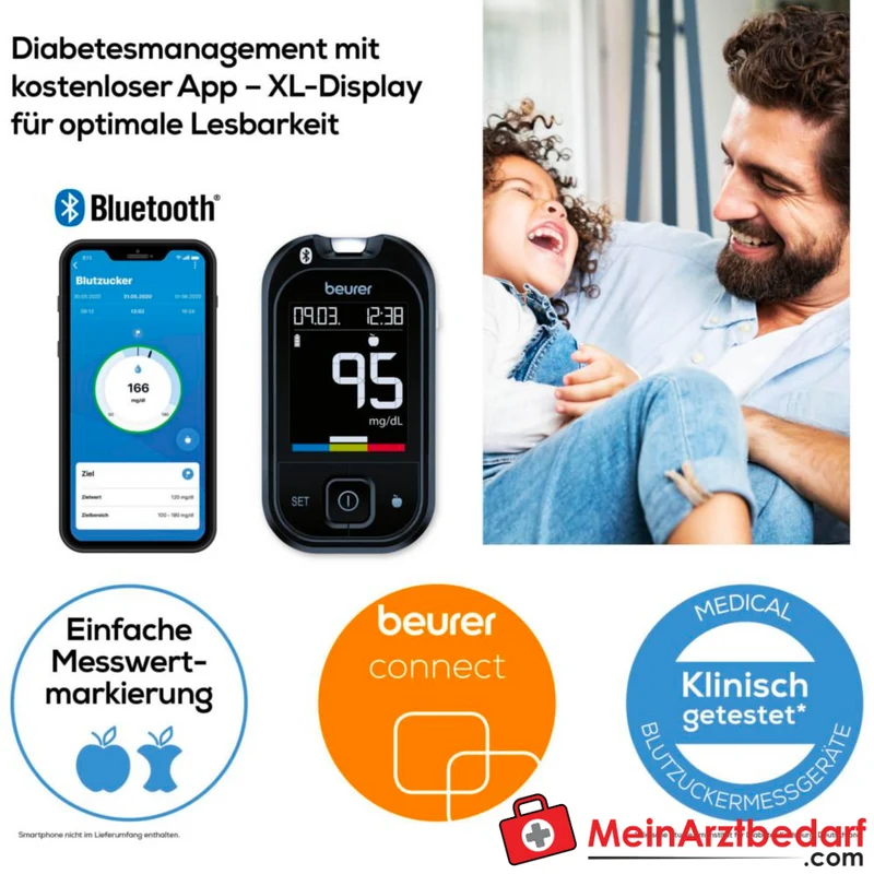 Beurer GL 49 Blutzuckermessgerät Bluetooth und USB 0,5 µl 900 Speicher Keton-Warnung