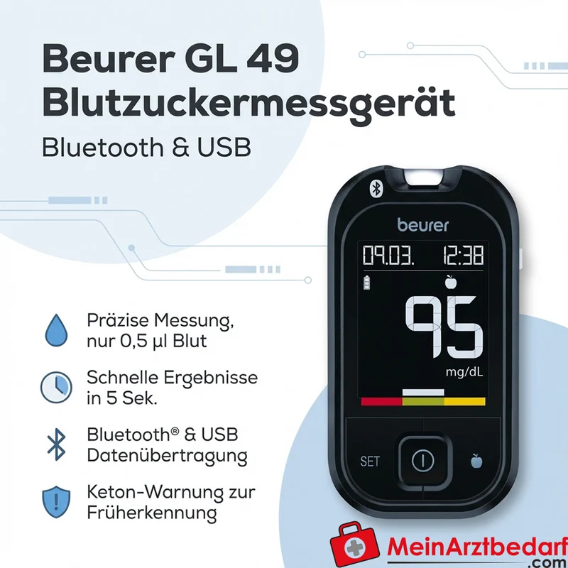 Beurer GL 49 Blutzuckermessgerät Bluetooth und USB 0,5 µl 900 Speicher Keton-Warnung