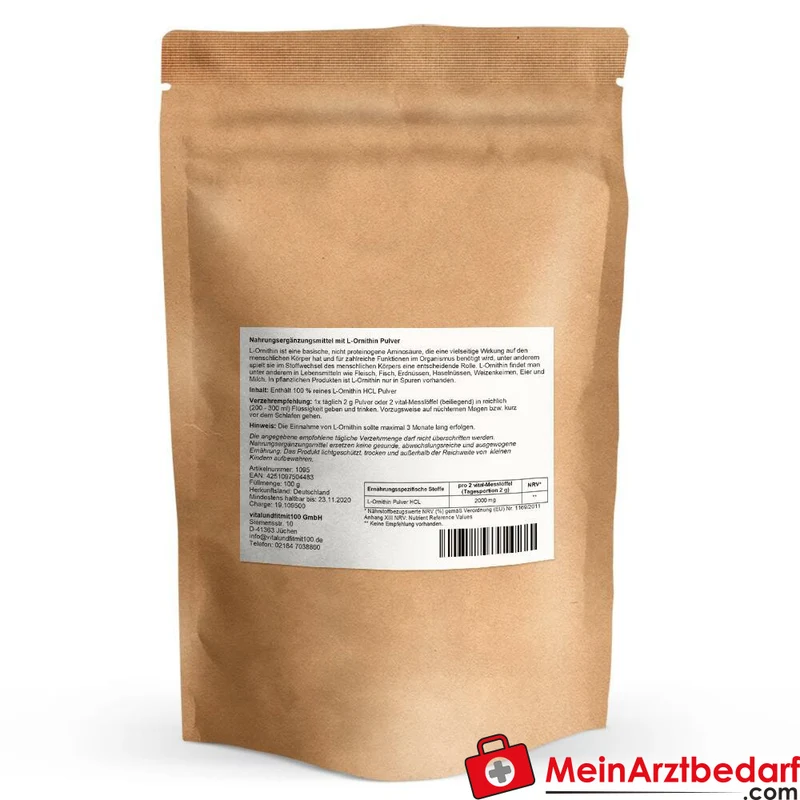 L‑Ornithin HCl Pulver 100 g, 2000 mg pro Portion, vegan