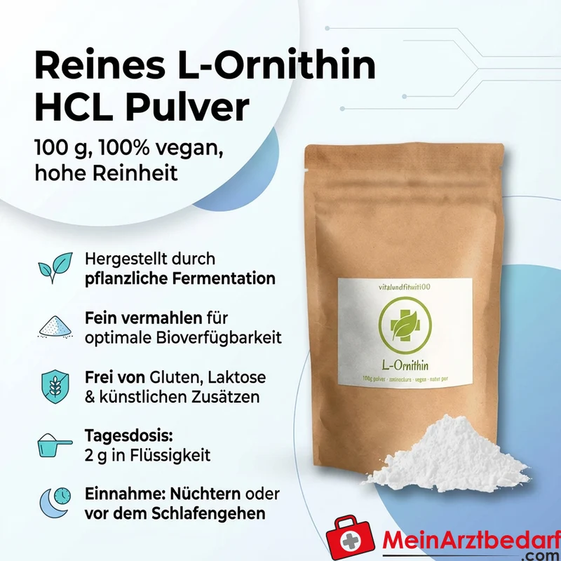 L‑Ornithin HCl Pulver 100 g, 2000 mg pro Portion, vegan