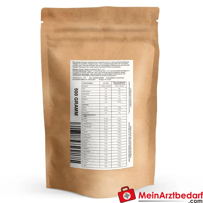 Hydrolysiertes Collagen Pulver 500 g, Typ I/II/III, aus grasgefütterten Rindern