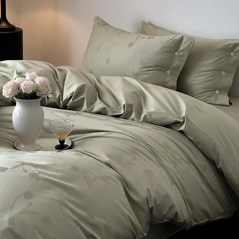 Premium-Bettbezug-Set aus Baumwollsatin mit tonalem Blumenjacquard und Knopfverschluss
