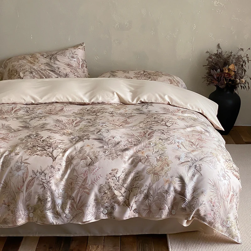 Premium-Baumwollsatin-Duvetbezuggarnitur mit floralem Jacquard-Relief und Knopfverschluss