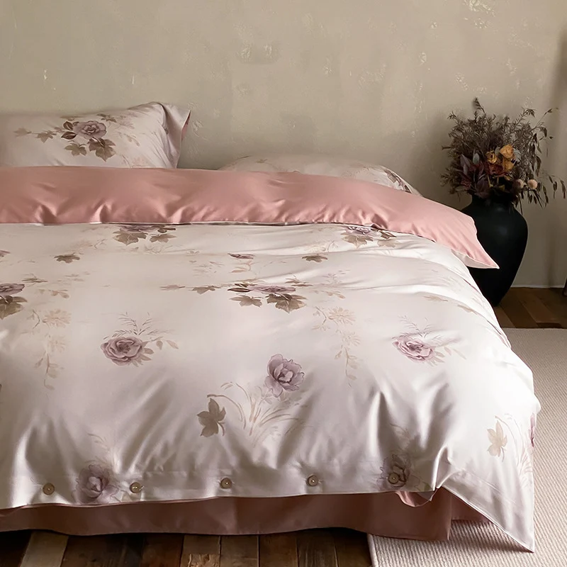 Premium-Baumwollsatin-Duvetbezuggarnitur mit floralem Jacquard-Relief und Knopfverschluss