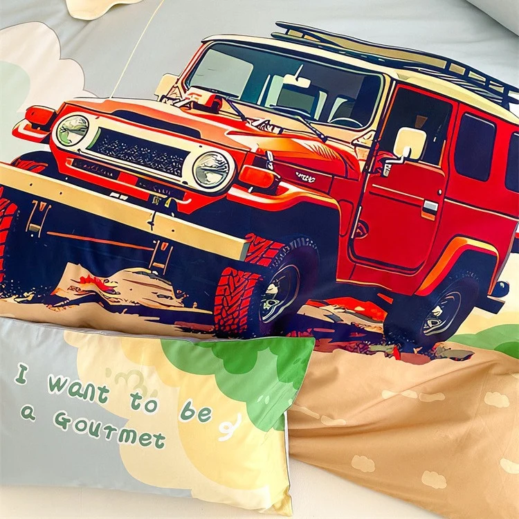 Kinder-Bettwäschegarnitur mit Offroad-Jeep Abenteuerillustration und weichem Baumwollmix