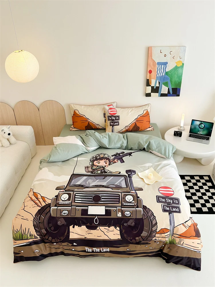 Kinder-Bettwäschegarnitur mit Offroad-Jeep Abenteuerillustration und weichem Baumwollmix