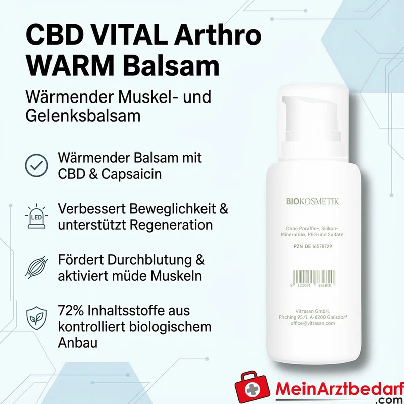 CBD Vital Arthro Warm Cannabidiol / Boswellia-Extrakt / MSM / Menthol / Kampfer / Orangenöl / Ingwer-Extrakt / Capsicum-Extrakt / Panthenol / Gewürznelkenöl / Aloe Vera Wärmecreme, 100 ml