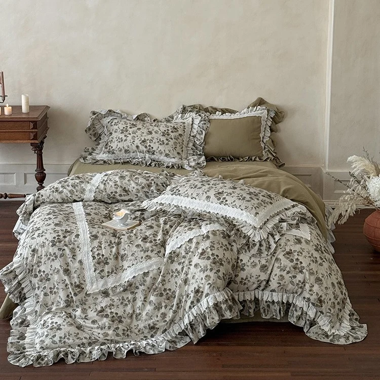 Romantisches Vintage-Bettwäsche-Set mit Rüschen und Spitzen