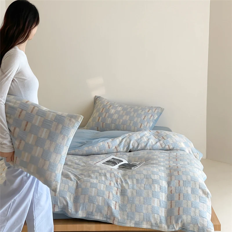 Bettbezug-Set aus Baumwoll-Perkal mit gewebtem Schachbrett-Effekt und Wende-Design