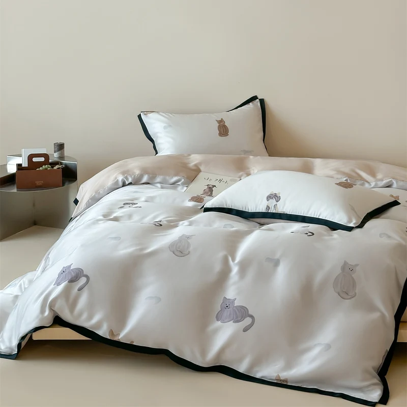 Luxuriöses Satin-Bettwäsche-Set mit floralem Aquarellprint, Volantkanten und Wendefunktion