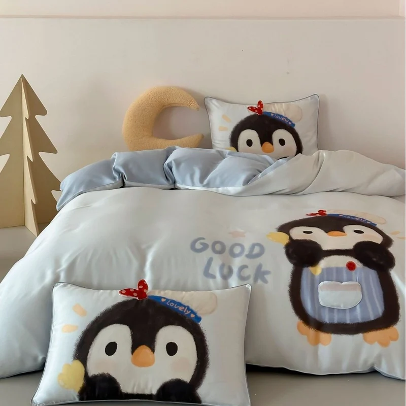 Kinder-Bettwäsche-Set mit niedlichem Pinguin-Motiv aus weichem Baumwollsatin und extraweichem Kopfkissen