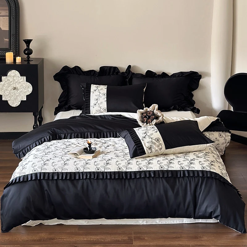 Luxuriöses Baumwoll-Satin Bettwäsche-Set mit Rüschen und zarter Blumenstickerei