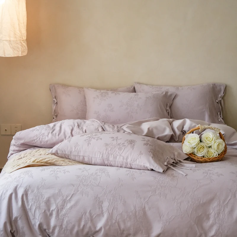Feines Baumwoll-Bettwäsche-Set mit Jacquard-Blumenmuster und seitlichen Zierbändern