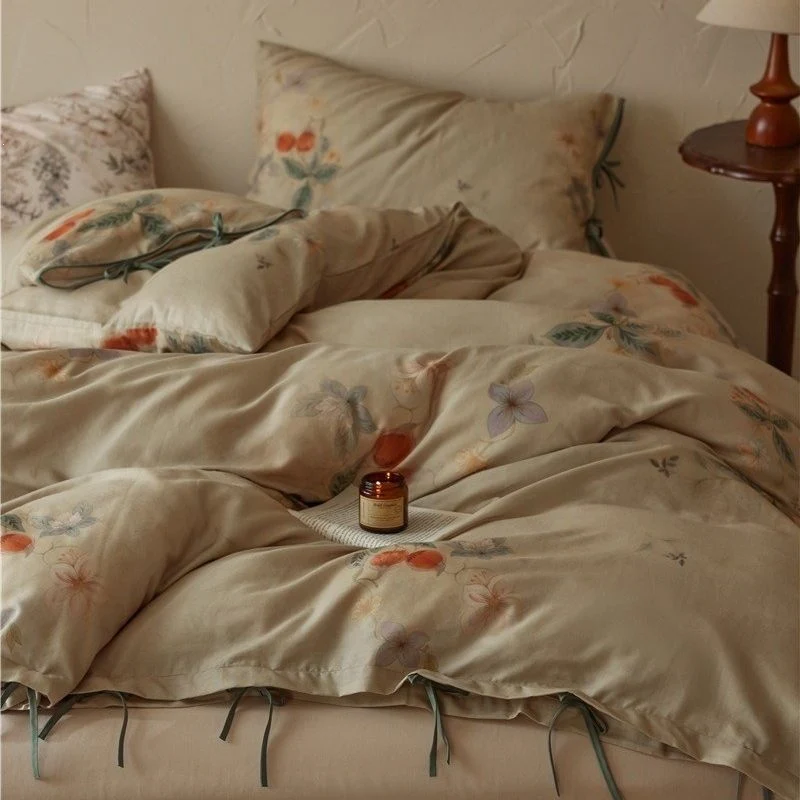 Luxuriöses Baumwollsatin-Bettwäsche-Set mit floralem Muster und Hotelverschluss