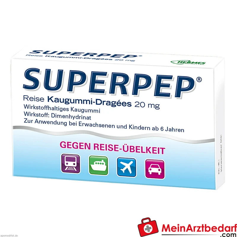 Superpep Reise Kaugummi-Dragees 20 mg gegen Übelkeit/Reisekrankheit