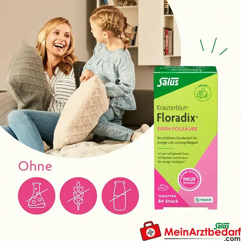 Salus Kräuterblut Floradix Eisen‑Folsäure 15 mg Eisen / 400 µg Folsäure Dragees 84 St.