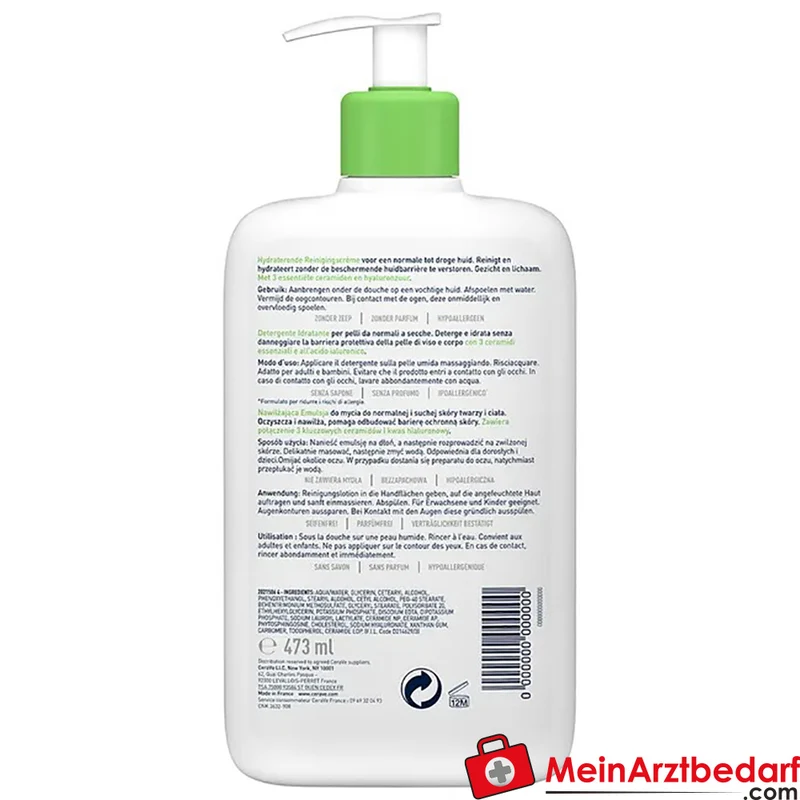 CeraVe Feuchtigkeitsspendende Reinigungslotion mit Hyaluronsäure und 3 Ceramiden nicht-schaumend Gesicht & Körper 236 ml
