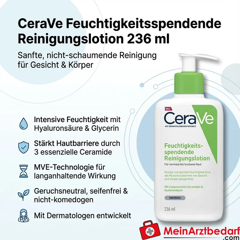 CeraVe Feuchtigkeitsspendende Reinigungslotion mit Hyaluronsäure und 3 Ceramiden nicht-schaumend Gesicht & Körper 236 ml