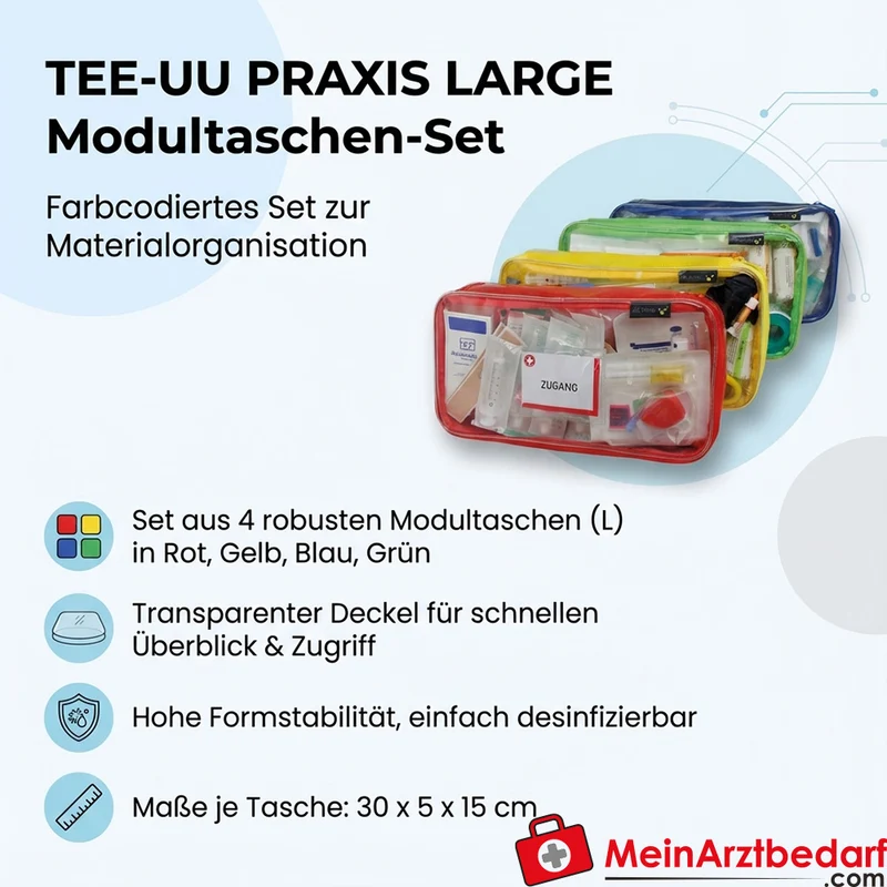 TEE-UU PRAXIS LARGE Modultaschen-Set 4x L 30 x 5 x 15 cm Plane transparent Rot/Gelb/Blau/Grün