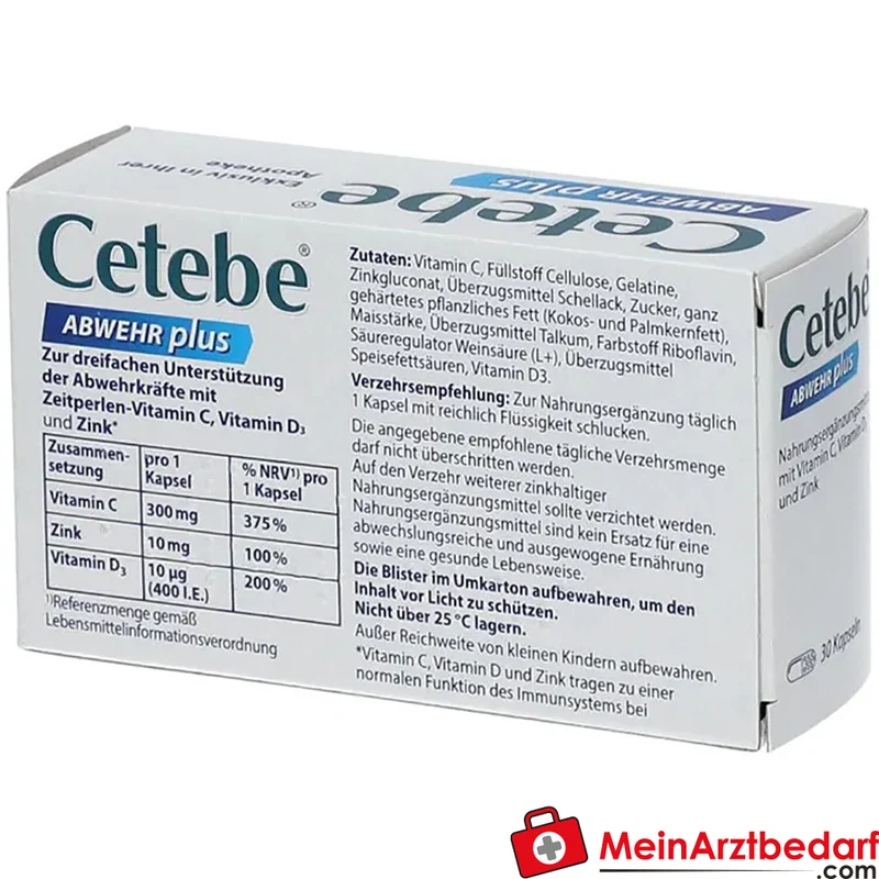 Cetebe ABWEHR plus Kapseln Vitamin C 300 mg, Vitamin D3 10 µg, Zink 10 mg, 30 Stück