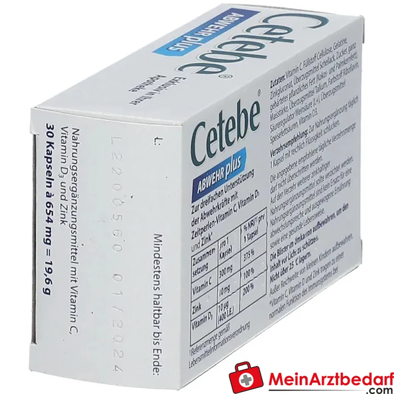 Cetebe ABWEHR plus Kapseln Vitamin C 300 mg, Vitamin D3 10 µg, Zink 10 mg, 30 Stück