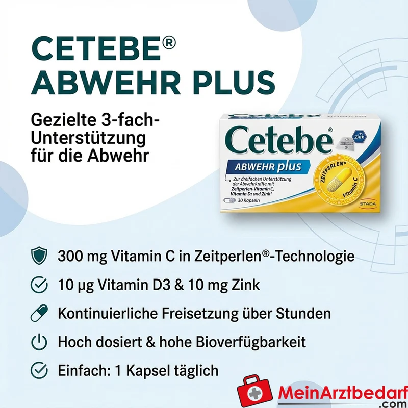 Cetebe ABWEHR plus Kapseln Vitamin C 300 mg, Vitamin D3 10 µg, Zink 10 mg, 30 Stück