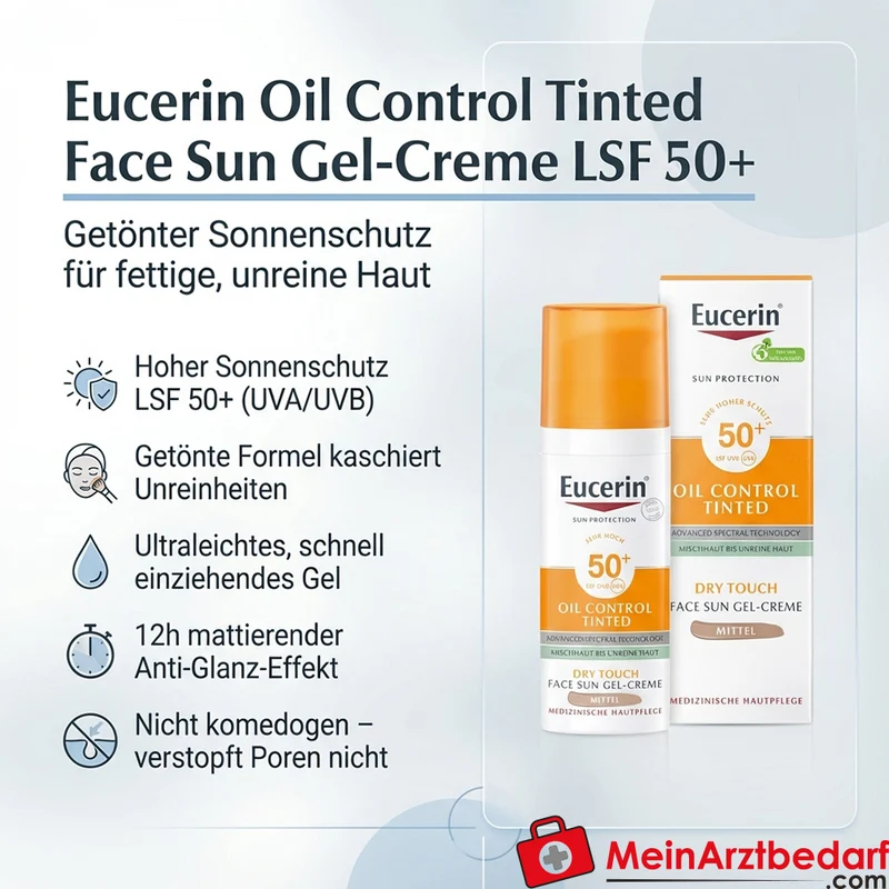 Eucerin Oil Control Tinted Face Sun Gel-Creme LSF 50+ 50 ml für fettige, unreine Haut