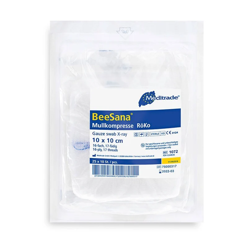 BeeSana® Mullkompresse, RöKo, steril, 16-fach, 10 x 10 cm, 10 Stk | Packung (250 Stück)