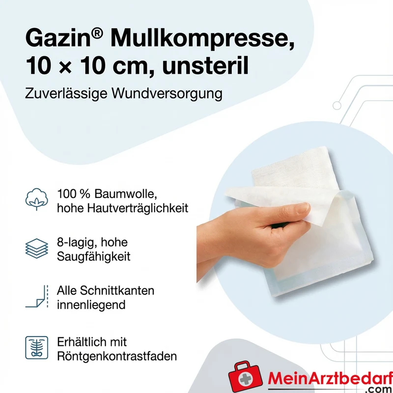 Gazin Mullkompresse 10 x 10 cm unsteril 8-lagig Verbandmull 100 Stück