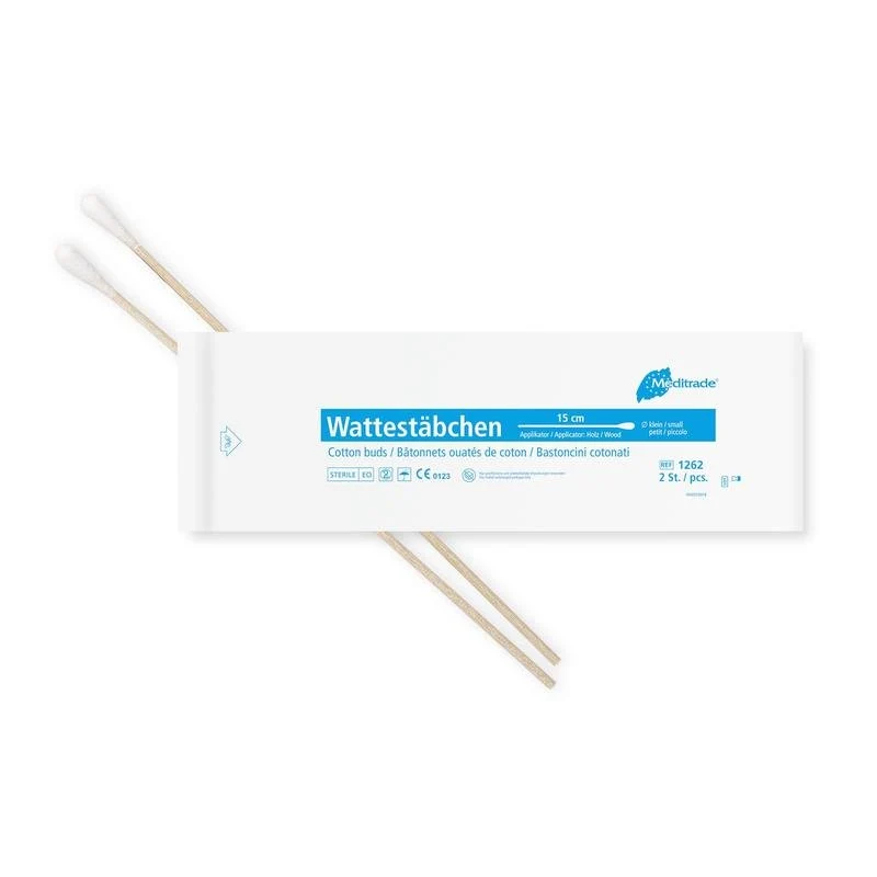 Wattestäbchen zu 2 Stk steril verpackt, Länge: 15 cm, kleiner Kopf, Holz | Packung (200 Stück)