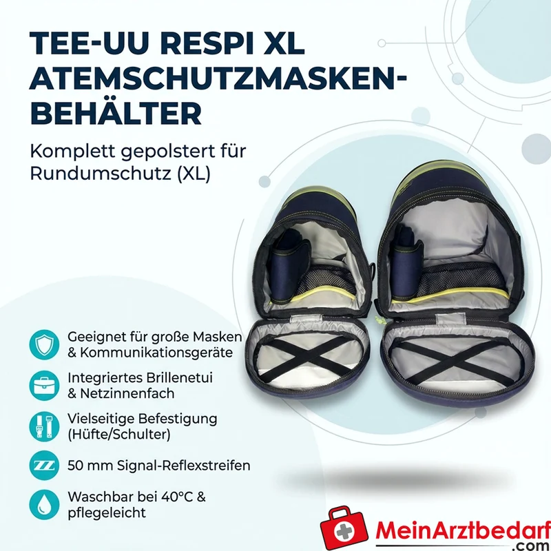 TEE-UU RESPI XL Atemschutzmasken-Behälter gepolstert blau mit Brillenetui und Signal-Reflexstreifen