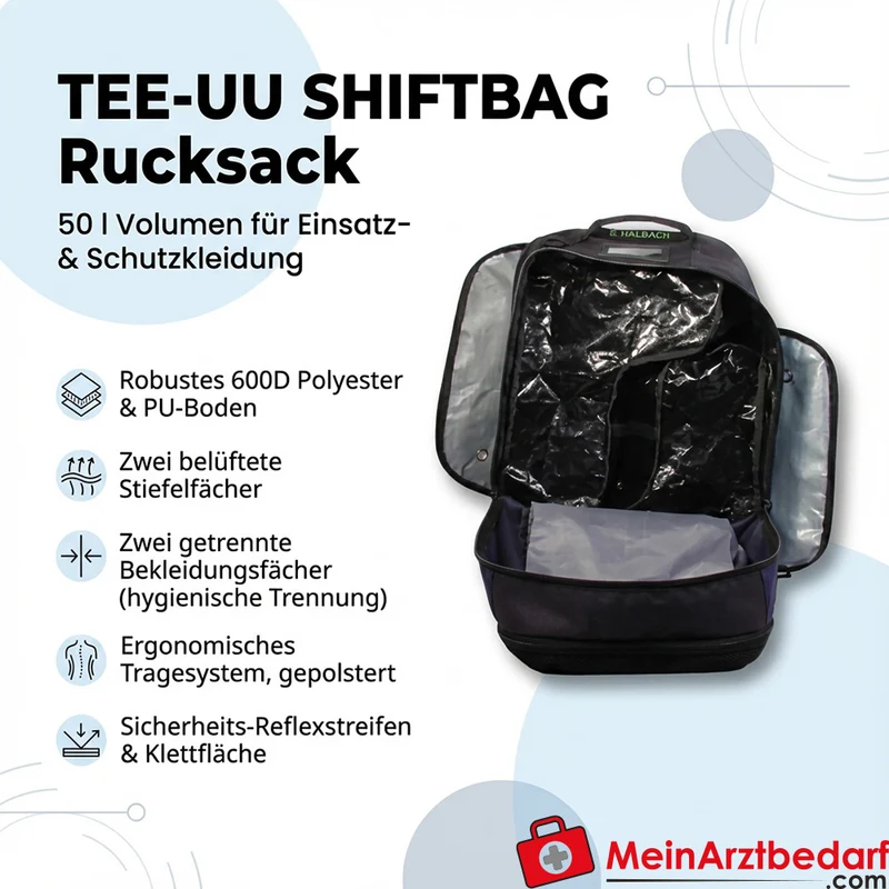 TEE-UU SHIFTBAG Rucksack 50 L schwarz/rot mit Stiefelfächern, 2 Bekleidungsfächern, Reflexstreifen