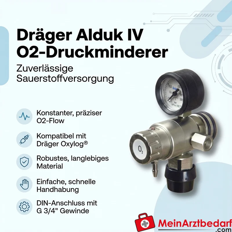 Dräger Alduk IV O2-Druckminderer DIN Anschluss G 3/4" kompatibel mit Oxylog
